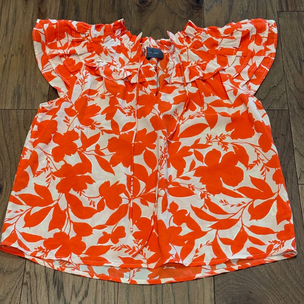 Hudson Gray Orange Cream Floral Ruffle Sleeve Tie Neck Blouse XS